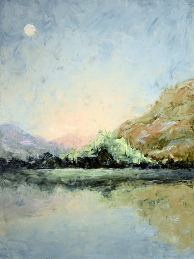 Painting by Holly Van Hart, landscape, lake, fallen leaf lake, morning, light, reflections