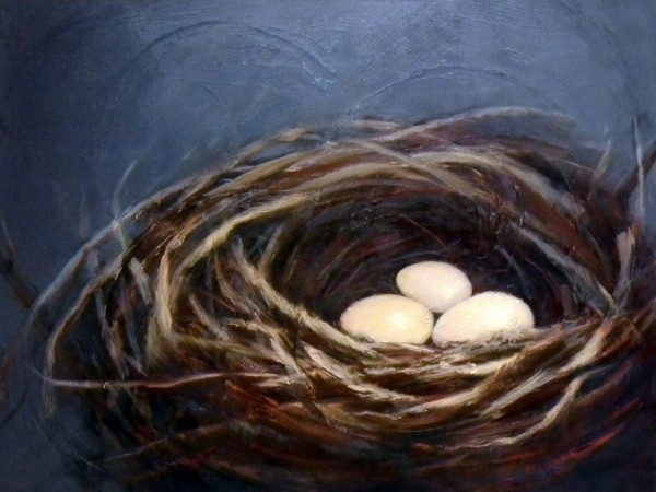 Oil painting by Holly Van Hart, nest, blue, nature's colors abstracted