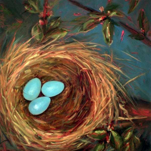 Abstract Nature Painting by Holly Van Hart, nest eggs, blue