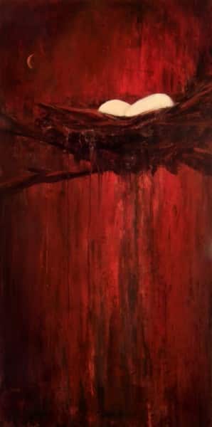 Abstract Nature Painting by Holly Van Hart, nest eggs, red, moon