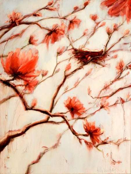 Abstract Nature Painting by Holly Van Hart, nest eggs, blue, red, flowers