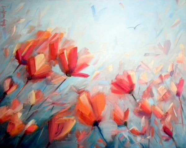 Abstract flower painting by Holly Van Hart | Blue, red, orange | Inspired by poppies