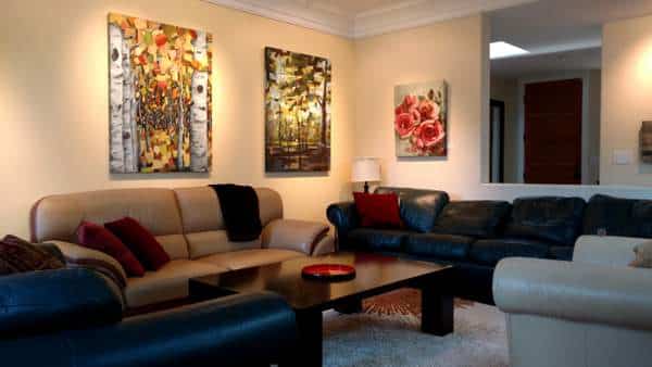 Abstract-Nature-Paintings | Birch Aspen Trees Roses | Autumn Dance | Summer Sparkle | Amid The Scent of Roses-by-HollyVanHart | Installed paintings | Living Room | Oil and acrylic paintings