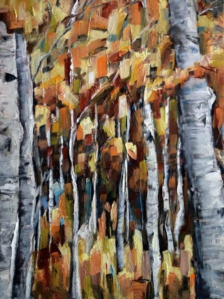 Abstract nature painting by Silicon Valley artist Holly Van Hart, featuring birch trees in autumn with red and gold leaves