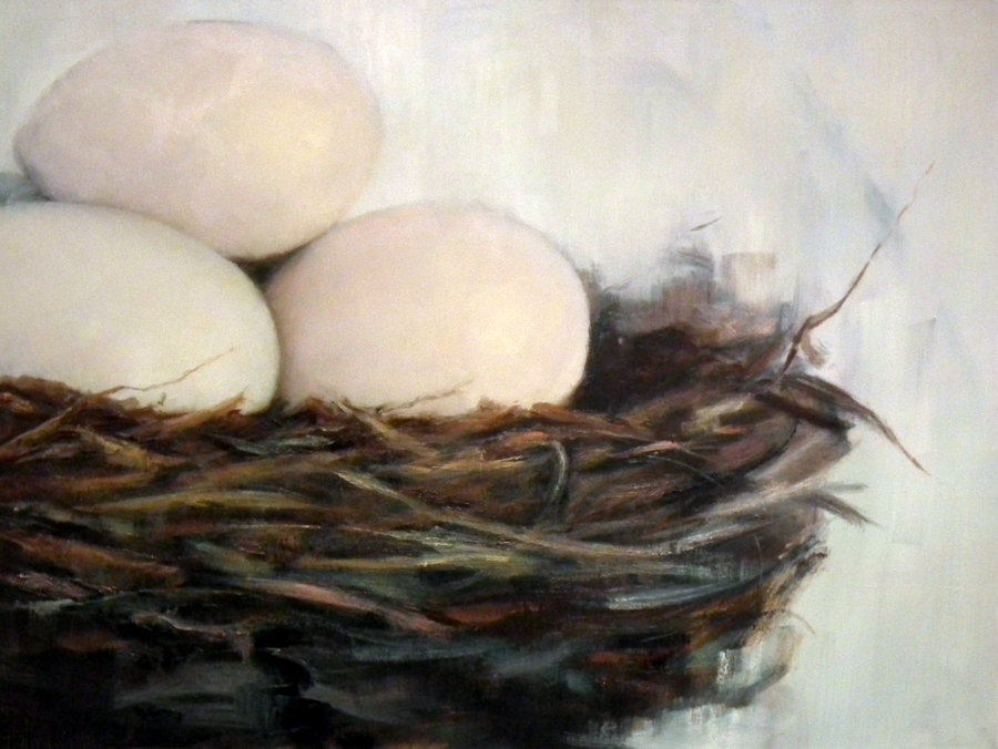 Abstract Nest Painting By Holly Van Hart | Nest, Eggs | Green, Brown, White | Oil Painting | 'Abundance' | Exhibited At The Triton Museum Of Art