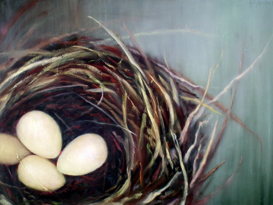 Abstract Nest Painting By Holly Van Hart | Nest, Eggs | Green, Brown, White, Yellow | Oil Painting | 'Nestled' | Exhibited At The Triton Museum Of Art