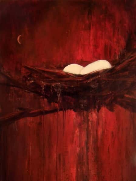Abstract Nature Painting By Holly Van Hart, Nest Eggs, Red, Moon