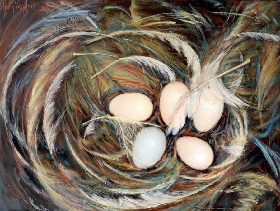 Abstract nest painting by Holly Van Hart | Nest, eggs | Brown, blue, white | Oil painting