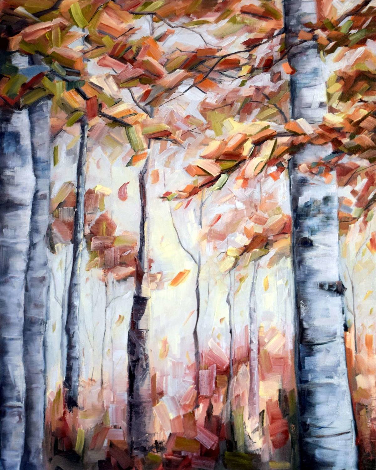 Yellow Leaves Of Birches Fall Season Long Shadows Oil Original Painting 14x18 inche For Sale