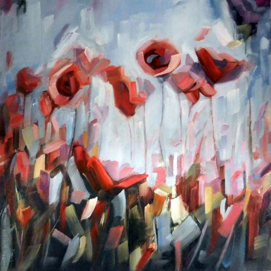 Abstract Flowers Field | Red Blue Yellow Green | Oil Painting By Holly Van Hart, Poppies