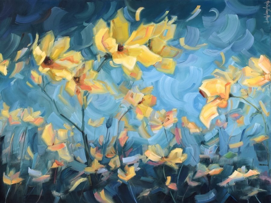 Abstract flower oil painting by Holly Van Hart, Yellow flowers against blue sky, 'How Dreams Are Made'