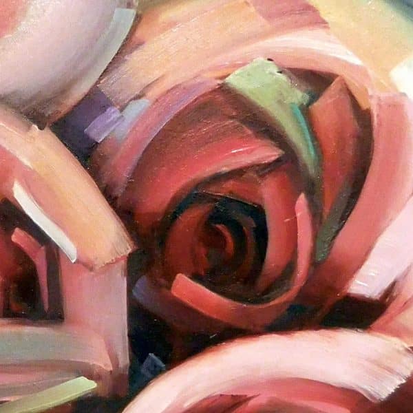 Abstact rose painting | Holly Van Hart | abstract red roses with green and multi-color leaves, oil painting, title 'Amid the Scent of Roses'