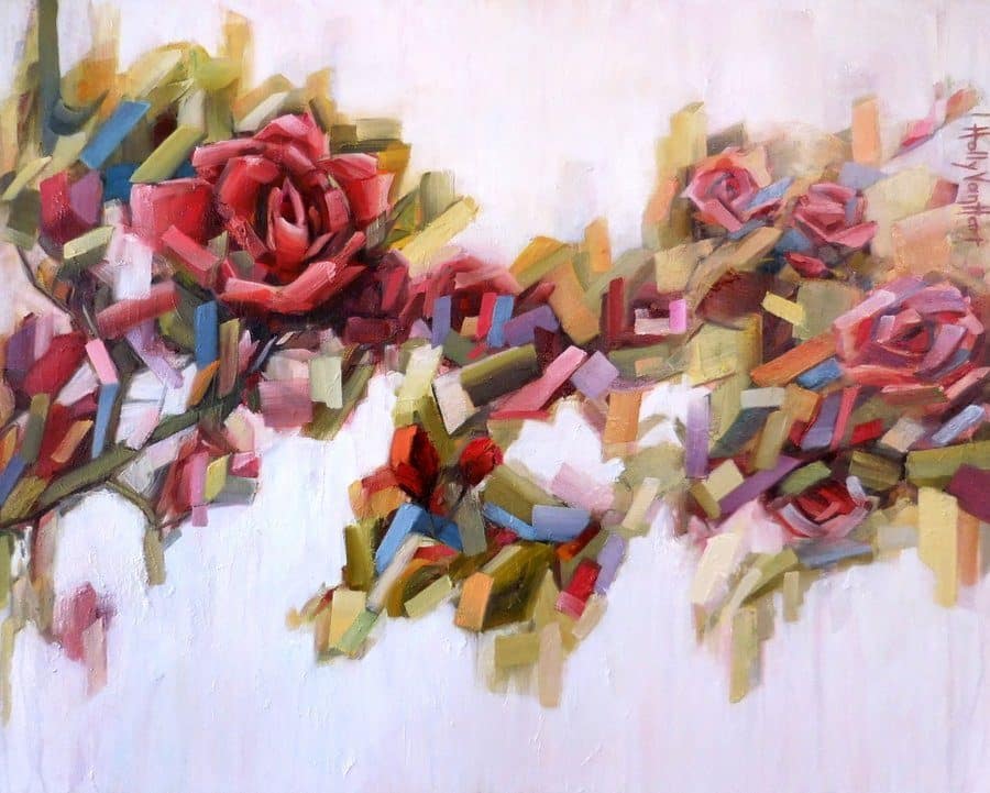 Abstact rose painting | Holly Van Hart | abstract red roses with green and multi-color leaves, oil painting, title 'Rose Jamboree'