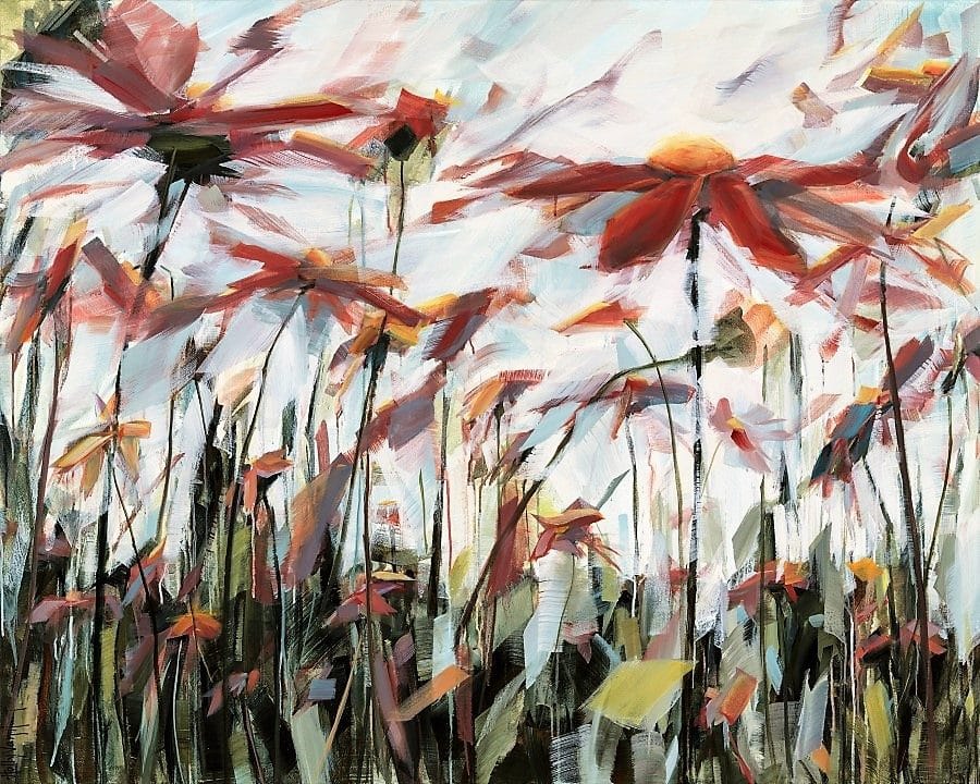 abstract botanical flower painting by Holly Van Hart | red blue green yellow