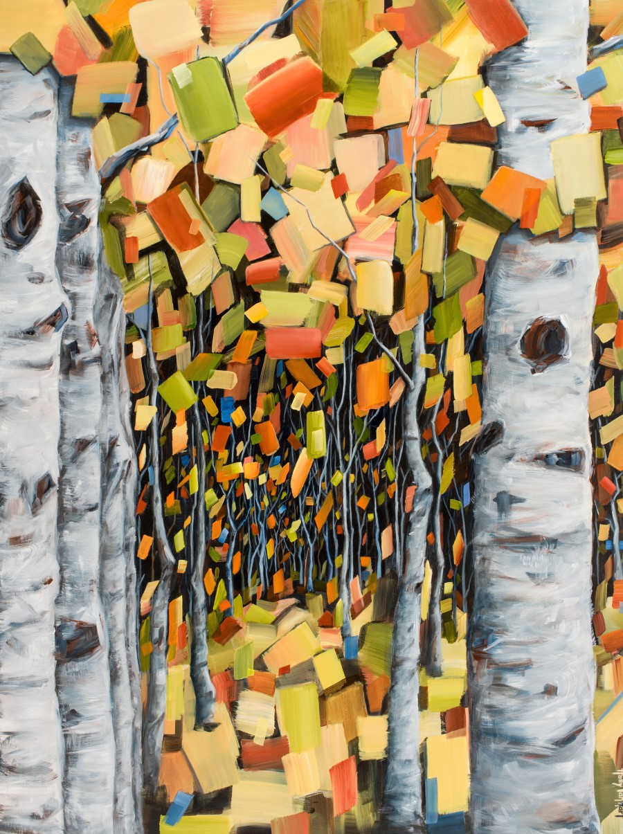 Birch Aspen Tree Painting In Autumn Colors By Holly Van Hart. Green, Blue, Yellow, Offset By Gray Trunks
