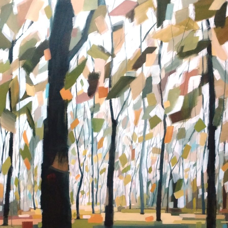Tree painting, fall leaves with yellow, green, blue and orange, brown and blue trunks - Circling of the Seasons by Holly Van Hart