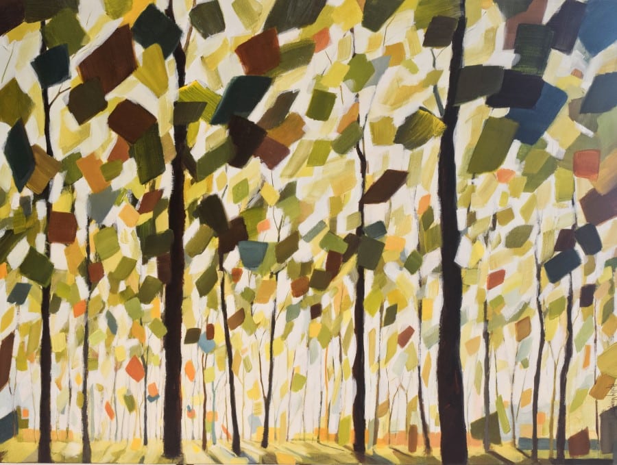 Abstract landscape forest painting | The Sun's Warmth48 x 48" mixed media painting by Holly Van Hart |trees sky sun|brown yellow green blue