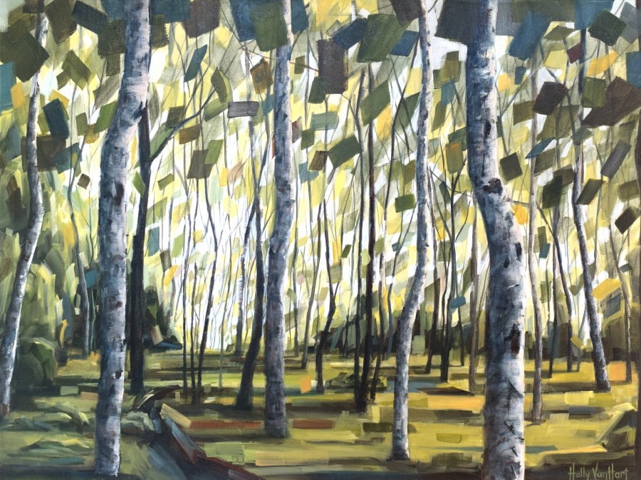 Sunlit Forest With Birch Trees. Abstract Green And Blue Leaves. Forest Floor Is Green And Yellow. Mixed Media Painting By Holly Van Hart.