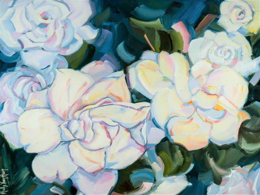 Floral painting inspired by a rose garden in San Jose, California. They also look like gardenias. By Holly Van Hart.
