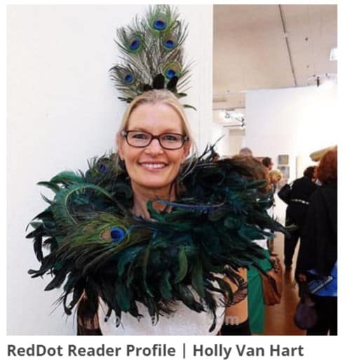 Painter of abstract trees and forests, artist Holly Van Hart, dressed up for Anne & Mark's art party