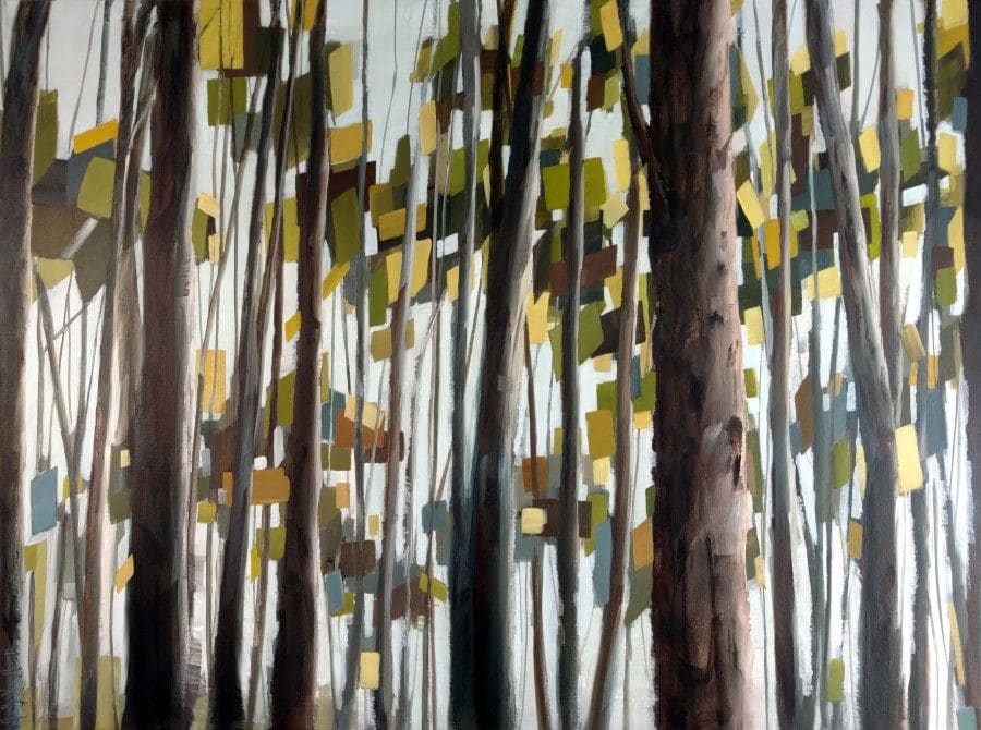 Tree artwork inspired by springtime. Light green and yellow leaves seen through brown and blue trunks. Art by Holly Van Hart.