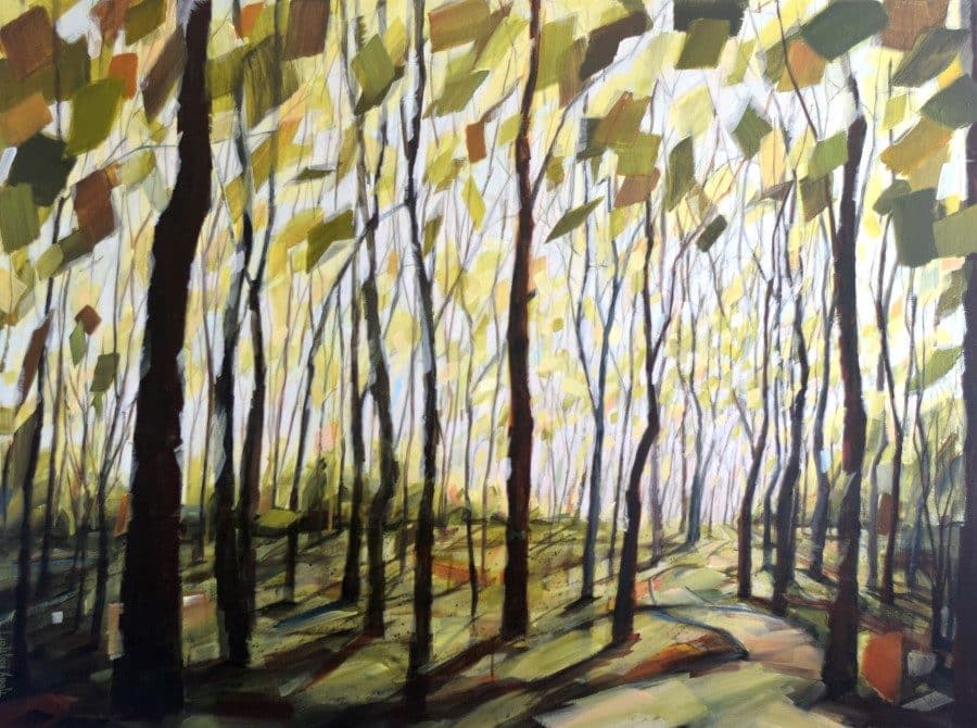 Tree artwork. Bright sky with shimmering yellow-green leaves. Inviting path into the woods. Acrylic painting by Holly Van Hart.