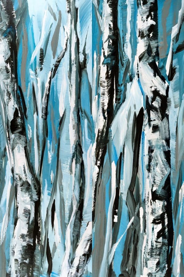 abstract birch aspen painting | blue white black gray brown | by Holly Van Hart