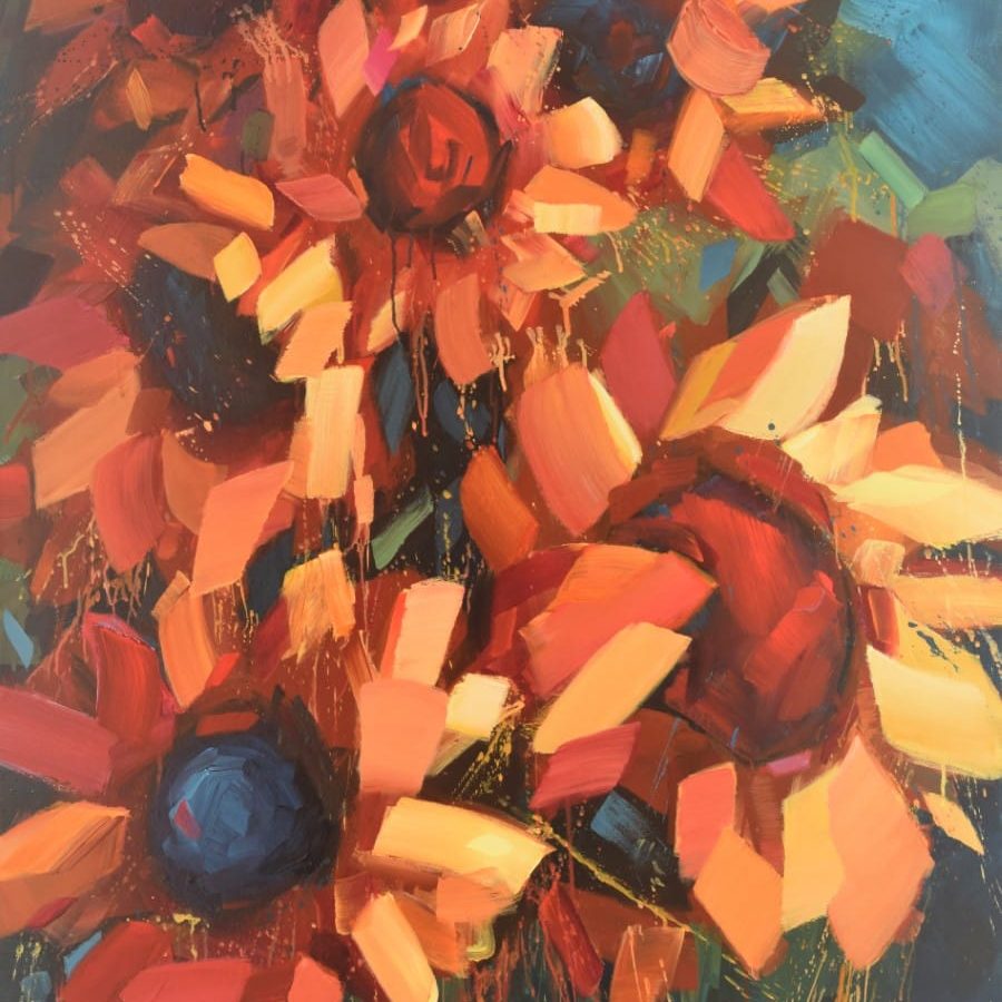 floral sunflower painting yellow orange, red against blue and green background | Mixed media painting by Holly Van Hart | abstract