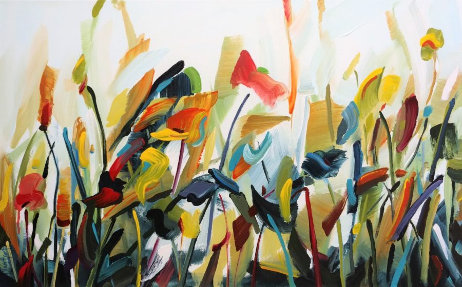 abstract flower painting red orange white blue yellow - by acclaimed California painter Holly Van Hart