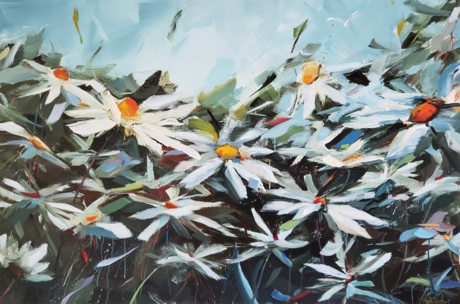 abstract floral painting features daisies | white orange red flowers | blue sky | by California artist Holly Van Hart