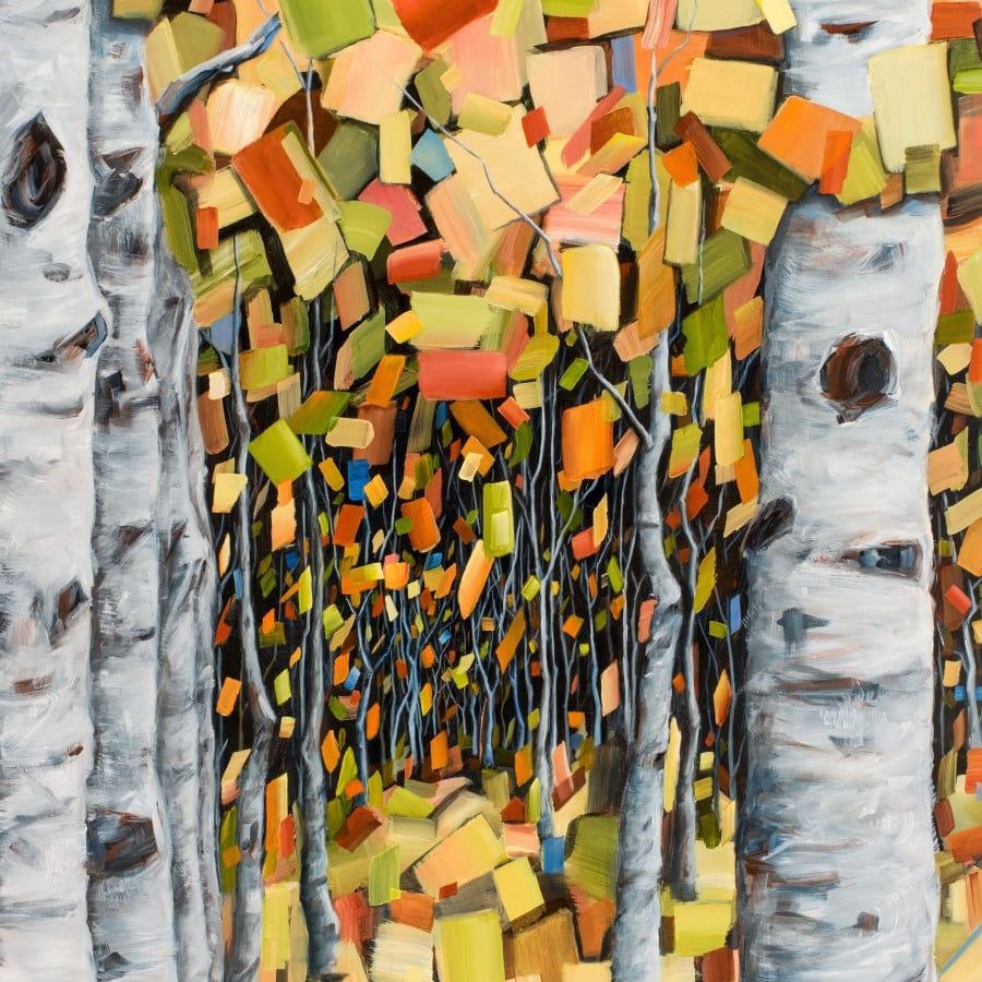 Autumn Dance | birch and aspen tree forest | 48 x 36" mixed media painting by Holly Van Hart | blue red yellow orange gray