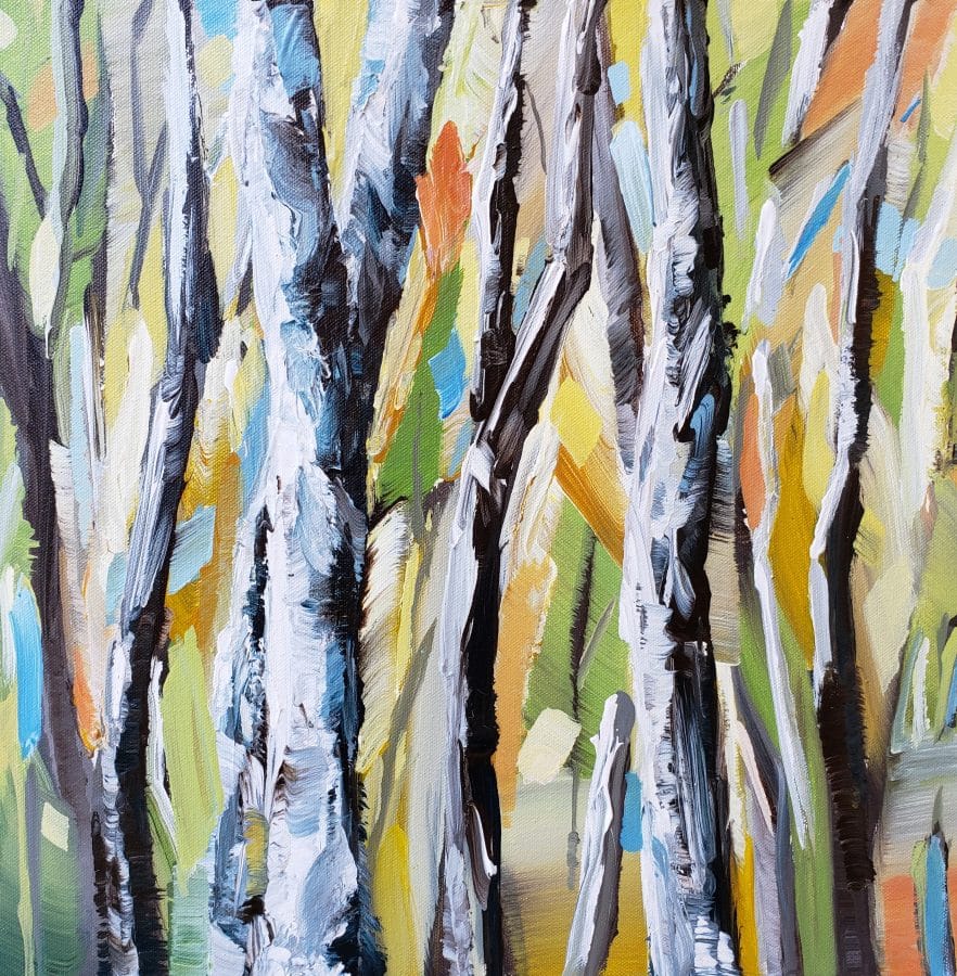 painting abstract forest - mixed media wall art by American artist Holly Van Hart - yellow blue brown green white gray