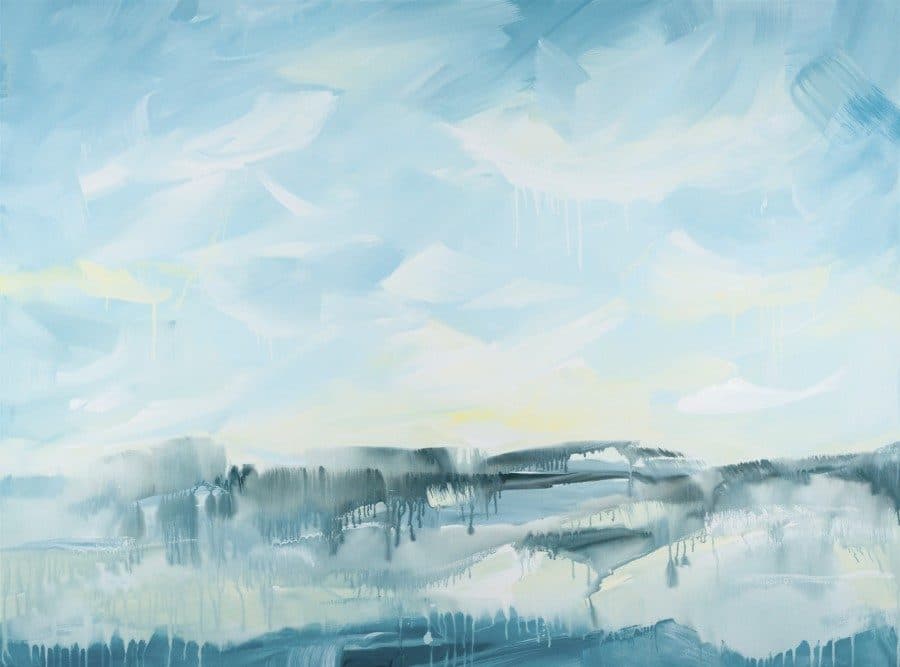 abstract landscape painting by American artist Holly Van Hart | blue white yellow gray | sky water land | acrylic watercolor effects