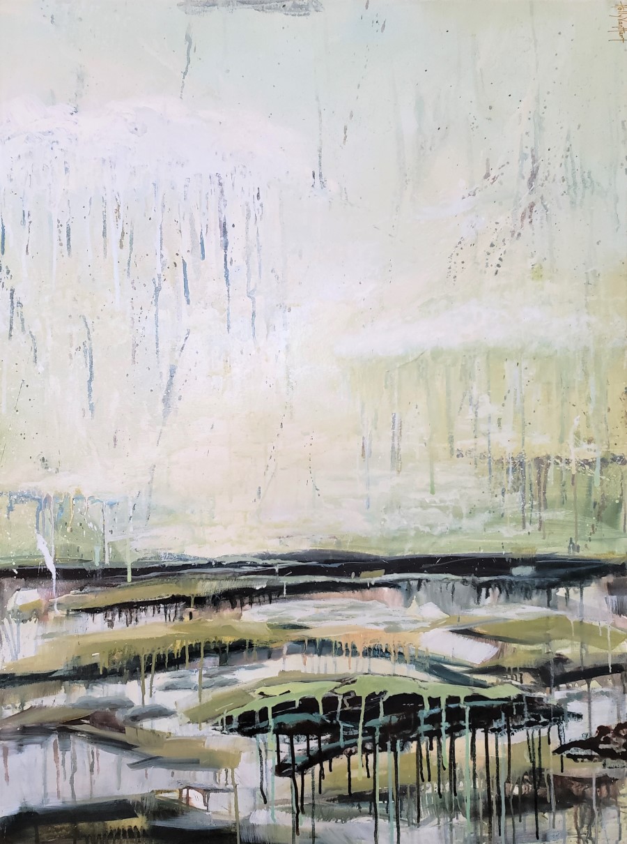 Abstract Landscape Painting | Sky Water Clouds Land Islands | Green Blue Brown White | Mixed Media Painting By Holly Van Hart