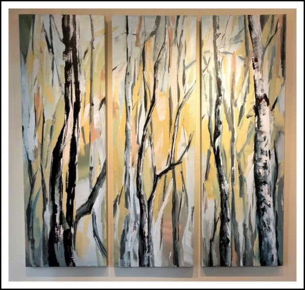 Installed painting - birch aspen mixed media painting | blue yellow orange brown white | by California artist Holly Van Hart