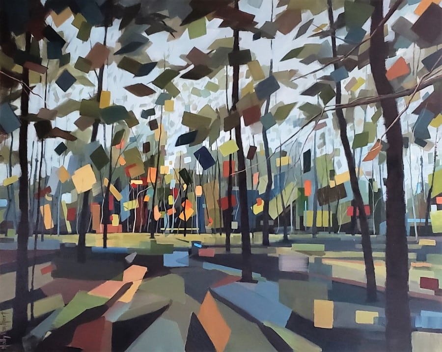 Tree Art. Forest With Afternoon Light. Leaves Are Blue, Green, Yellow, Red. Painting By Holly Van Hart.