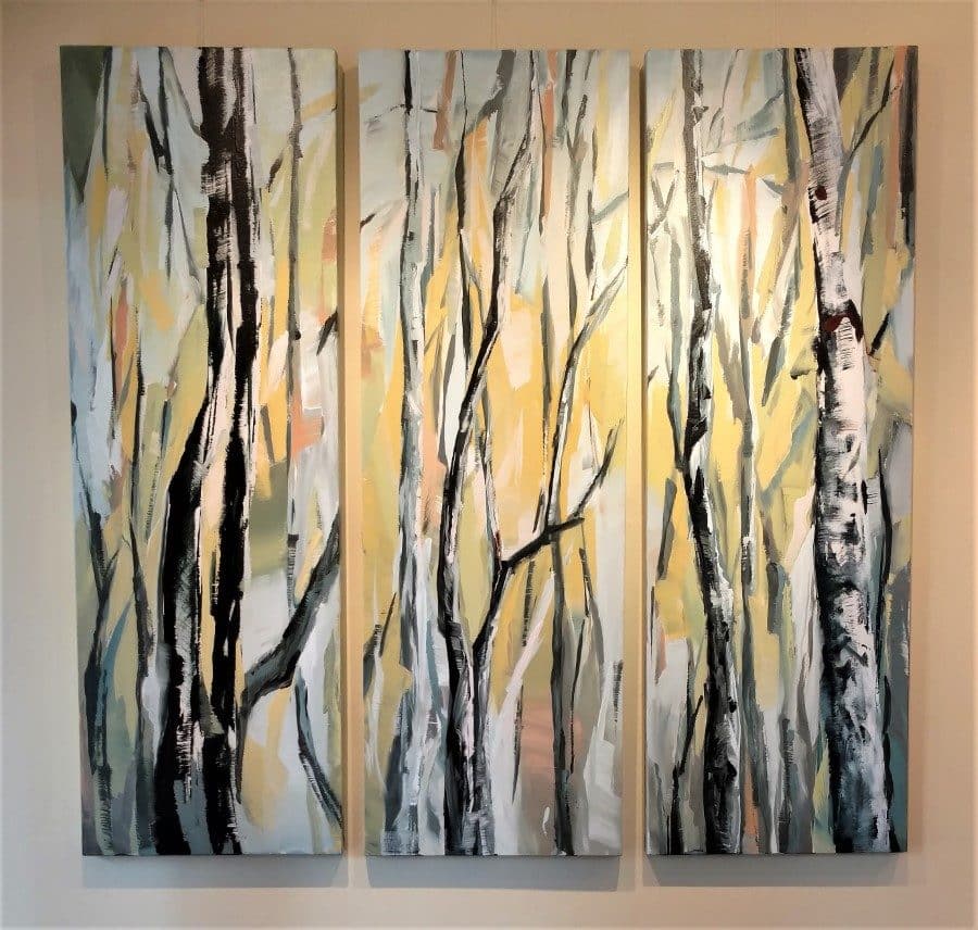 Installed painting - birch aspen mixed media painting | blue yellow orange brown white | by California artist Holly Van Hart