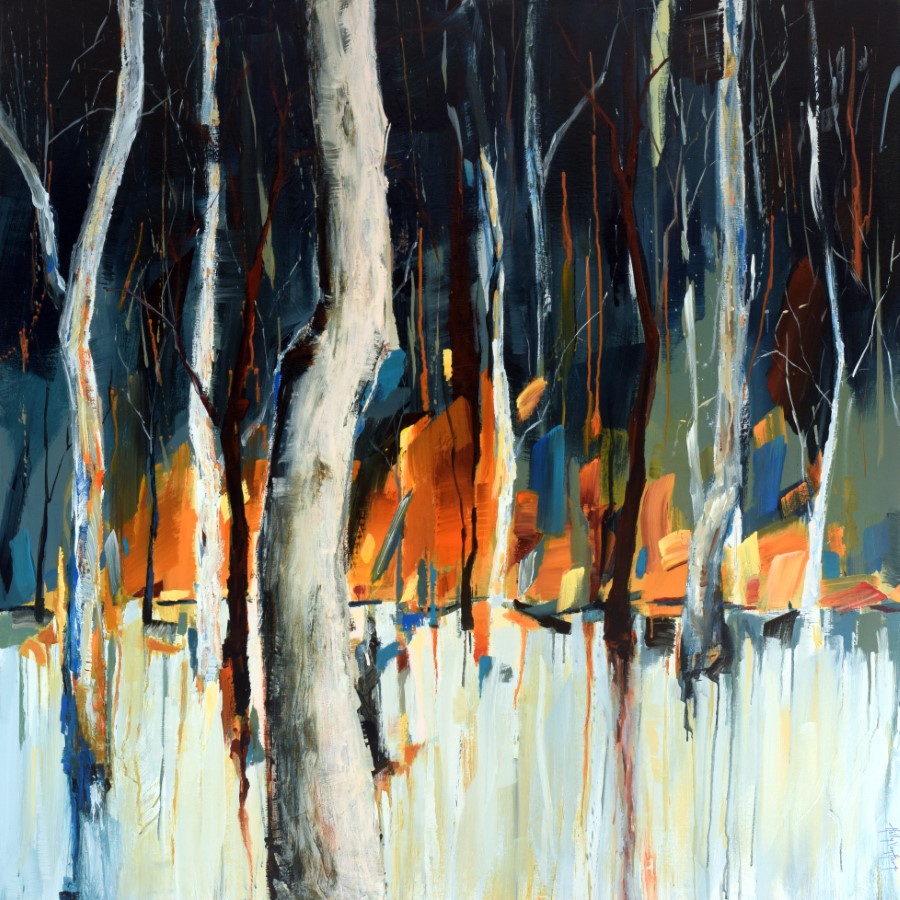 landscape forest trees | blue white orange red brown | painting by Holly Van Hart | As featured in the Huffington Post and Professional Artist Magazine