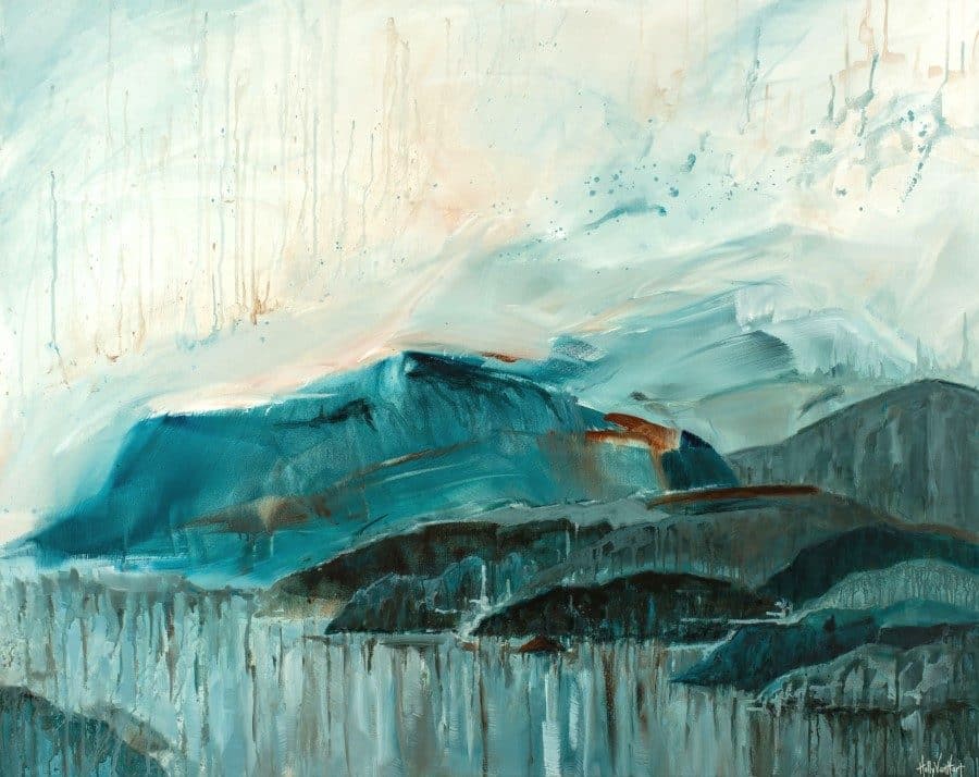 Mountains, sea, sky in blue, orange and gray, mixed media painting by Holly Van Hart | abstract flow technique