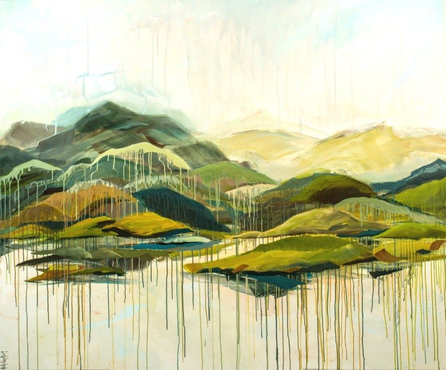 Abstract landscape | Mountains, sea, sky in green, yellow, blue mixed media painting for sale by Holly Van Hart | watercolor techniques with acrylic paints on canvas