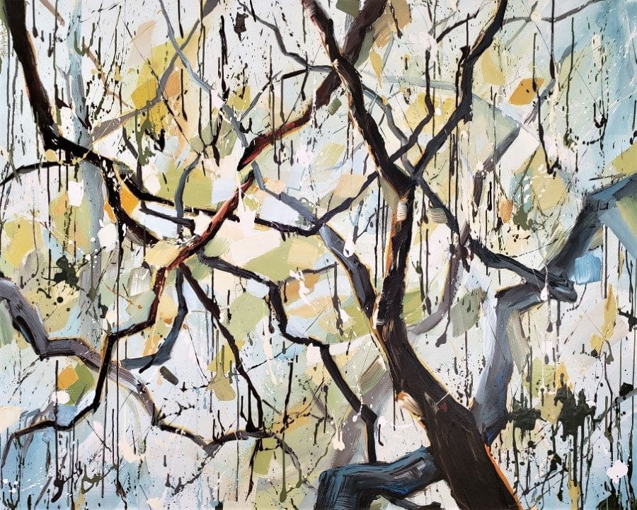 Tree art. Forest branches with afternoon Light. Leaves are blue, green, yellow. Painting by Holly Van Hart.