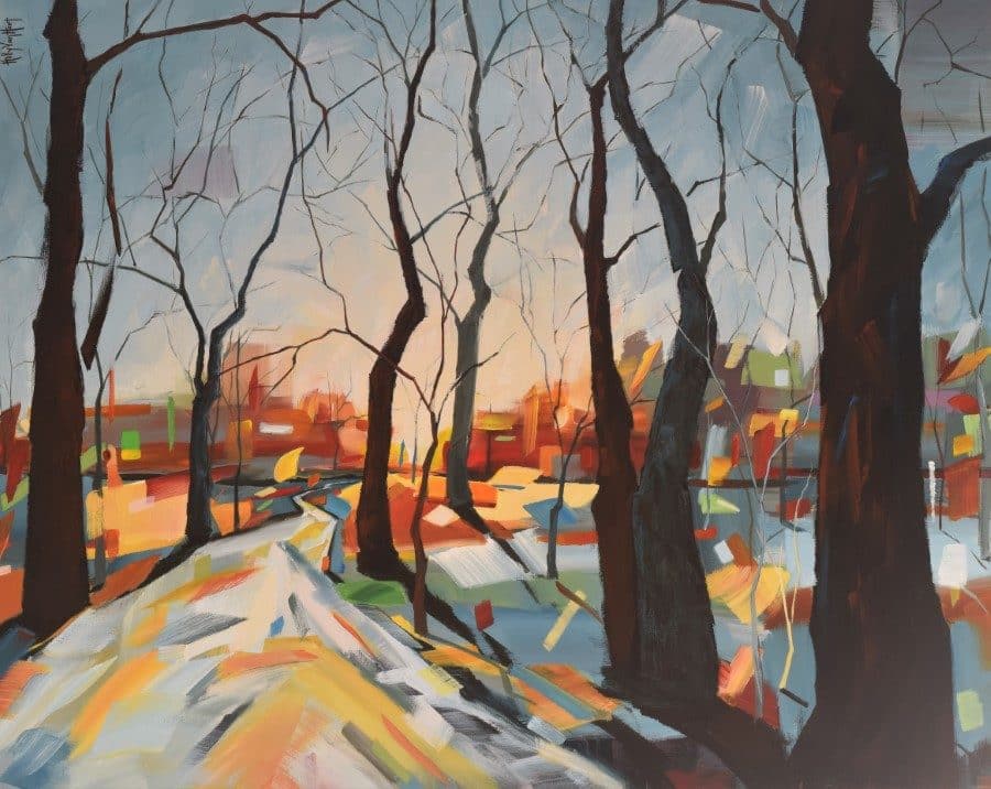 Abstract landscape painting with trees, city, sky | blue red brown orange | by Holly Van Hart | As featured in the Huffington Post, Professional Artist, and ABC News