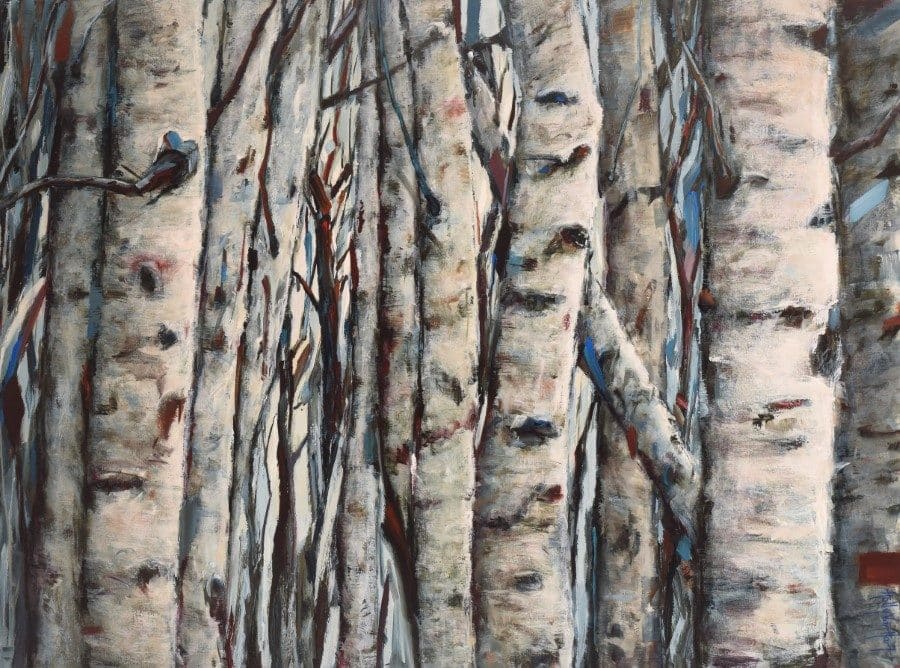 Birch aspen colony. Dense tree trunks. Highlights of blue. Acrylic painting by Holly Van Hart.