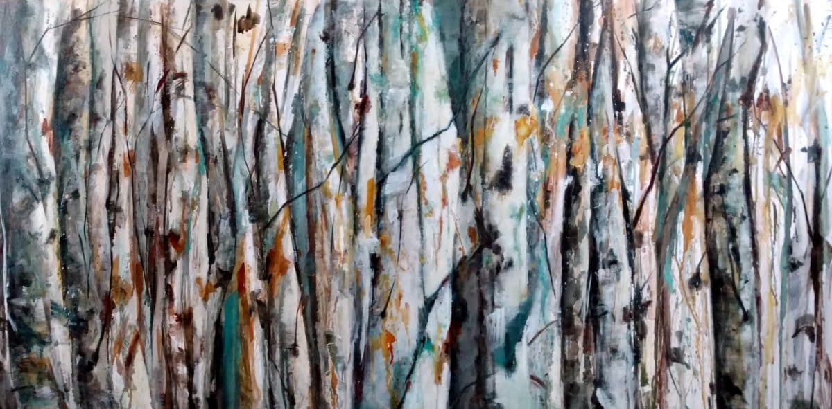 Abstract birch aspen colony artwork. Blue, white, orange, and teal. Painting by Holly Van Hart.