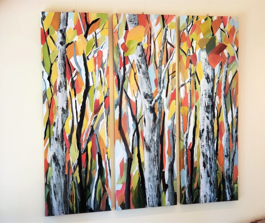 aspen forest painting by American artist Holly Van Hart | autumn red yellow orange gray | as featured in Professional Artist Magazine