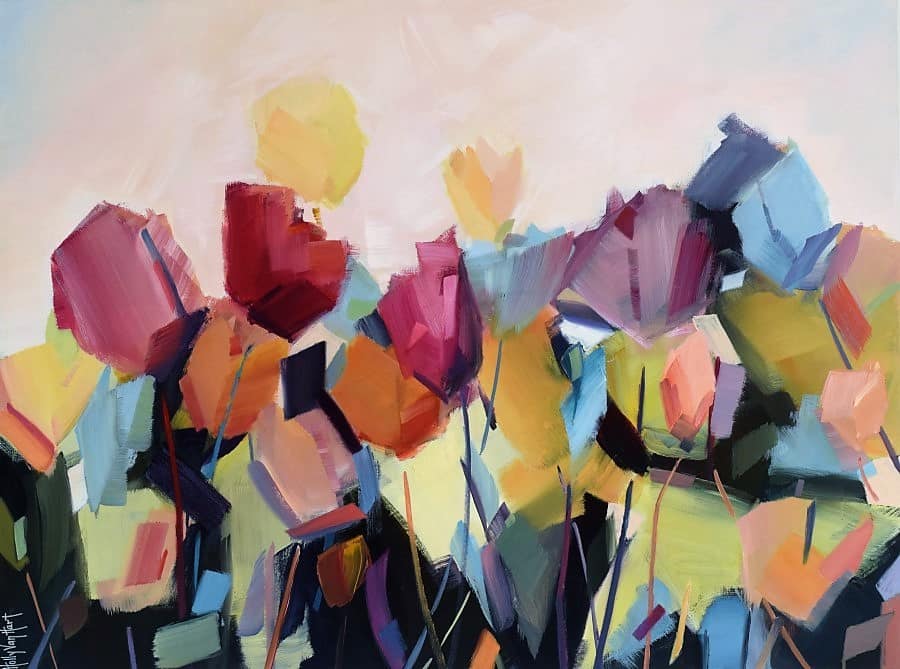 abstract floral painting featuring tulips | red purple orange blue flowers | yellow sky | by California artist Holly Van Hart