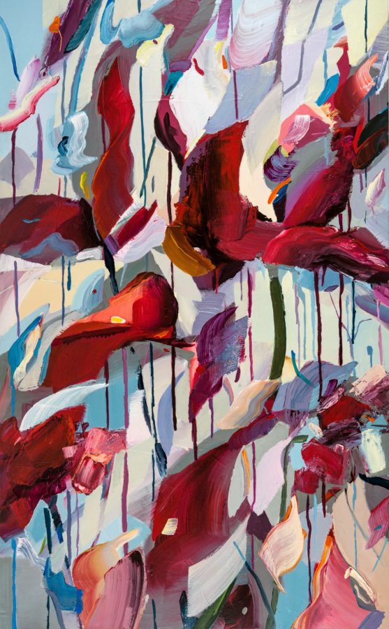 abstract red flower painting - acrylic mixed media - by California artist Holly Van Hart