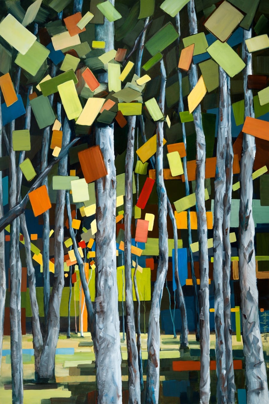 Birch Forest Painting, With Abstract Leaves. Green Blue, Red, And Orange, By Holly Van Hart