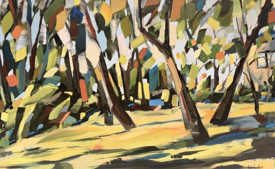 forest trees field sunlight - mixed media painting by Holly Van Hart - Relaxing in the Pause - 31 x 50 x 1.5 (Custom)