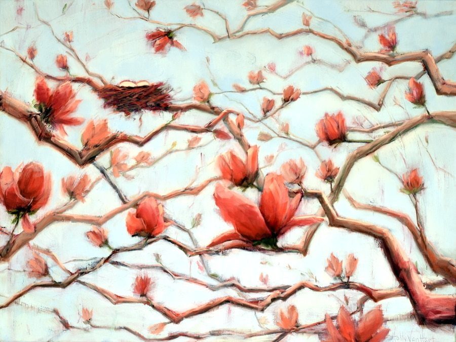 nest magnolia tree oil painting | blue red pink brown | by California artist Holly Van Hart | as featured in Professional Artist Magazine and Huffington Post